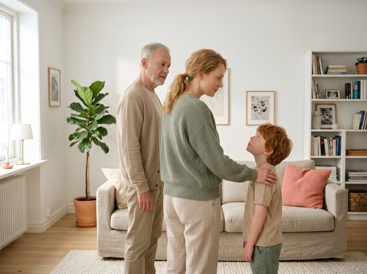 Drei Generationen im Wohnzimmer: Eine Mutter steht zwischen ihrem älteren Vater und ihrem kleinen Sohn, legt dem Jungen die Hand auf die Schulter, der Junge schaut traurig zu ihr hoch