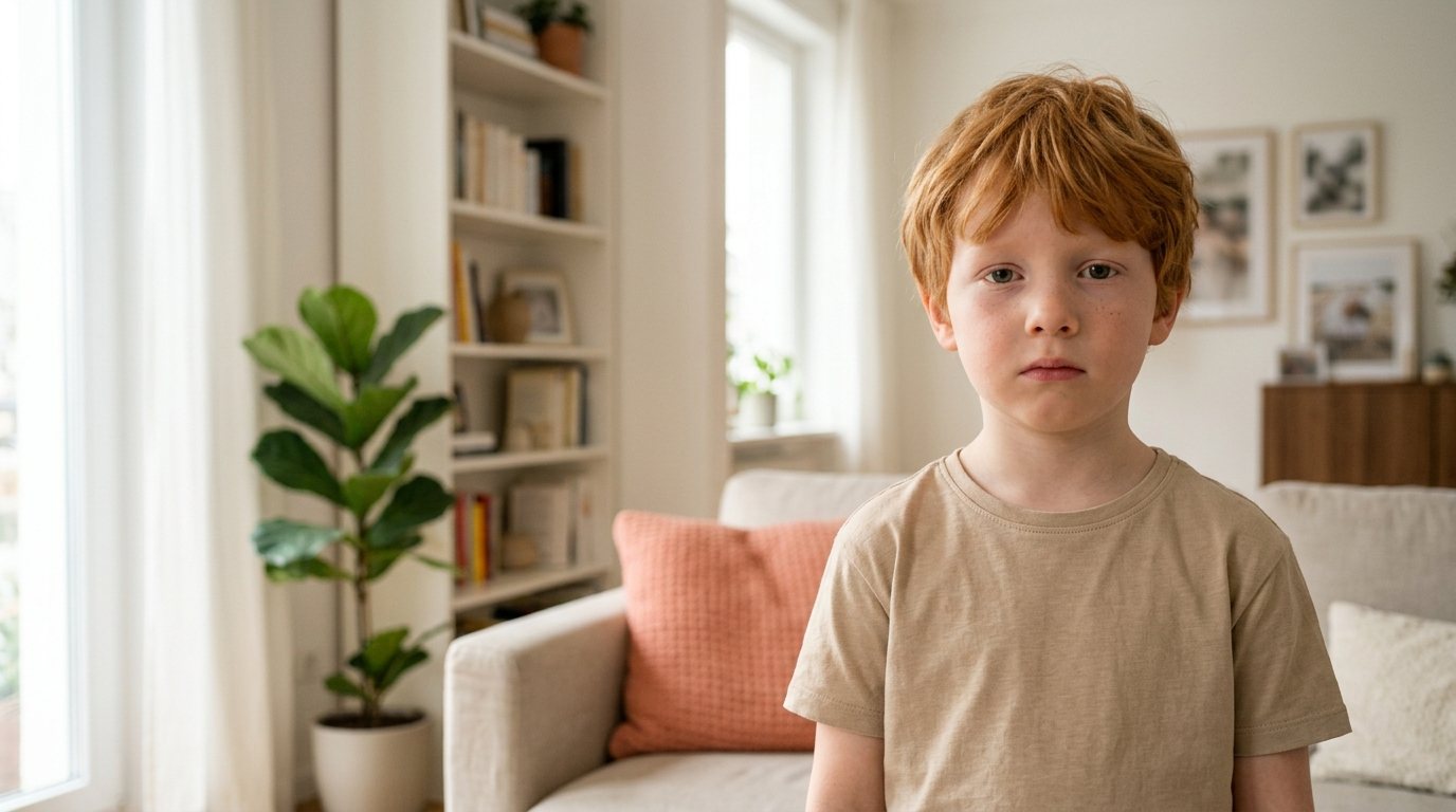 Ein Junge mit roten Haaren schaut leicht traurig direkt in die Kamera