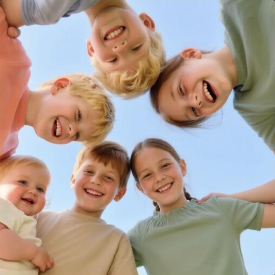 Lachende Kinder verschiedenen Alters, vom Kleinkind bis zum Schulkind, stecken im Kreis die Köpfe zusammen und schauen von oben in die Kamera